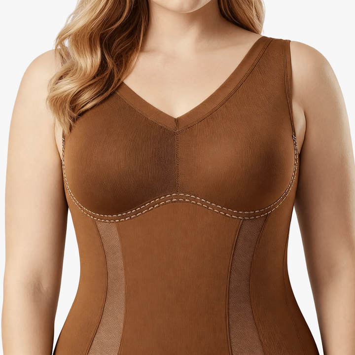 Close-up of the brown bodysuit neckline and stitched cup seam