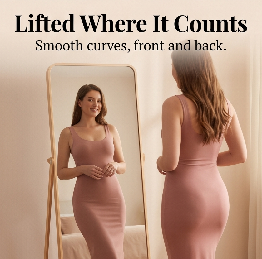 Feature panel at a mirror in a pink dress, front and back