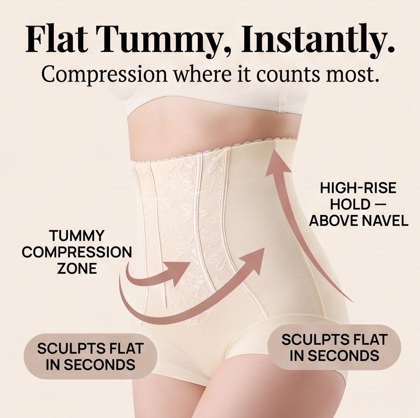 Feature panel showing the tummy compression and high-rise zones