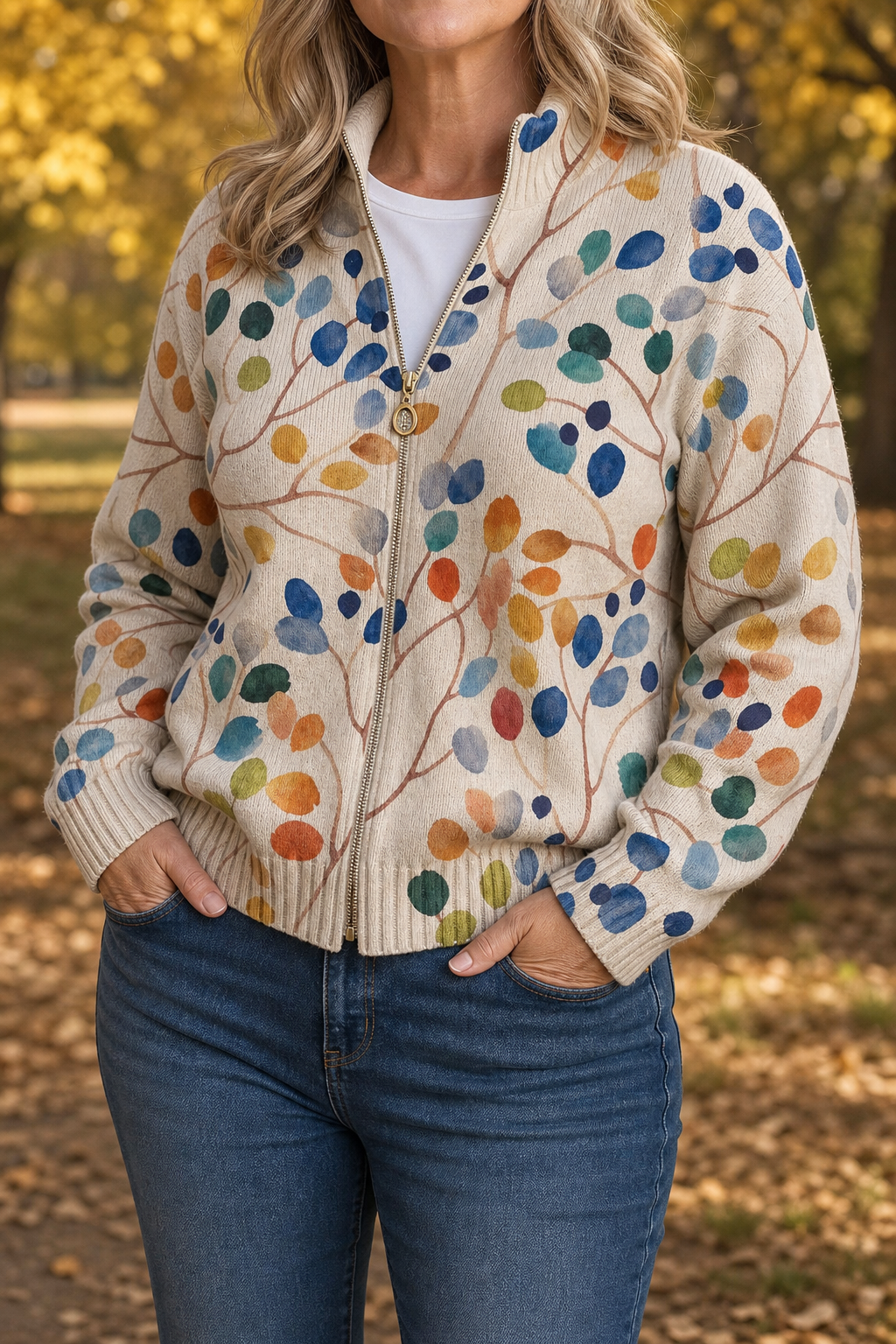 Cream berry branch print bomber worn with jeans in autumn