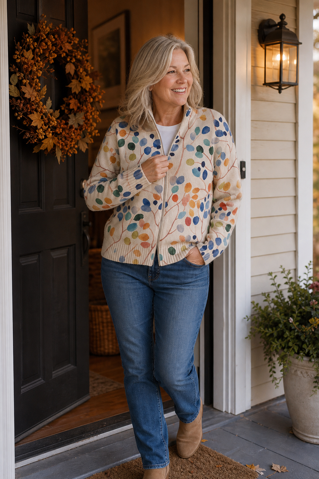 Woman at a front door in a cream botanical print bomber