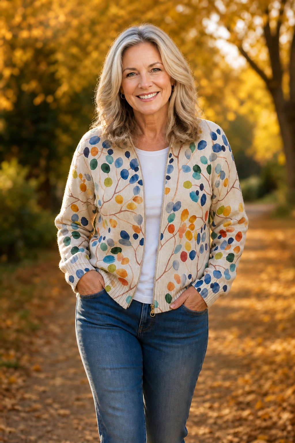 Woman on an autumn avenue in a cream botanical print bomber