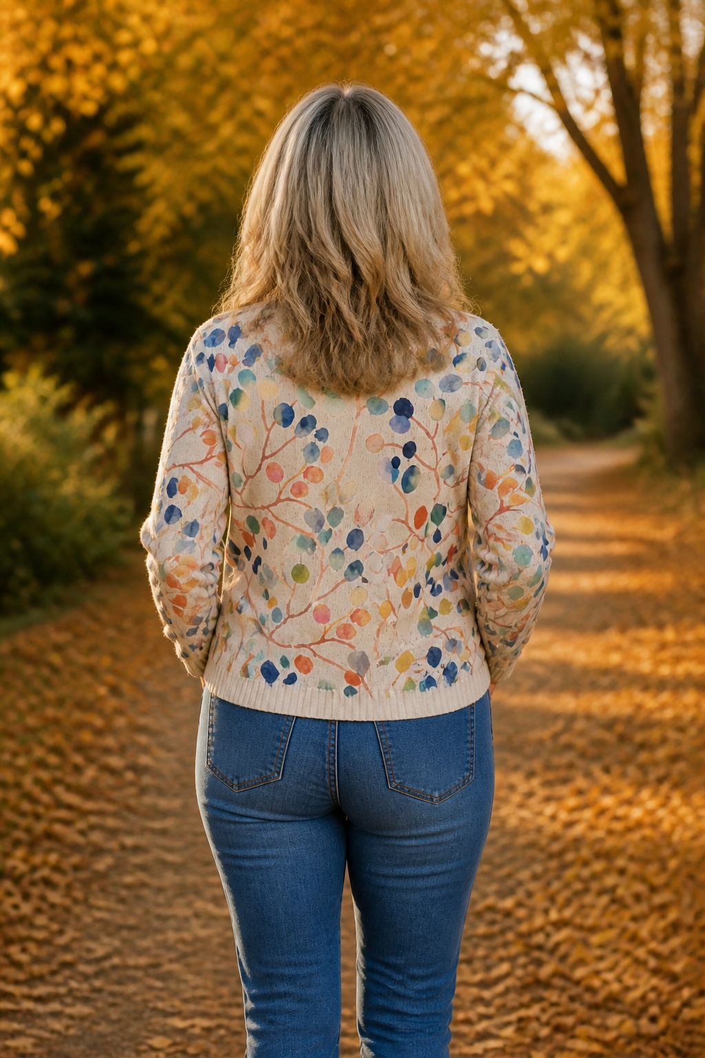 Back view of a cream botanical print zip up bomber