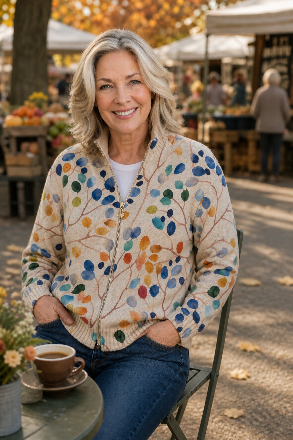 Woman with a coffee at a market in a botanical print bomber