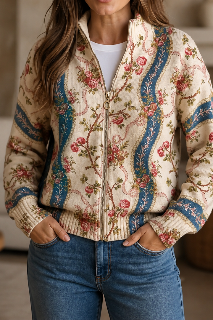 Cream zip up bomber with a paisley and rose botanical print