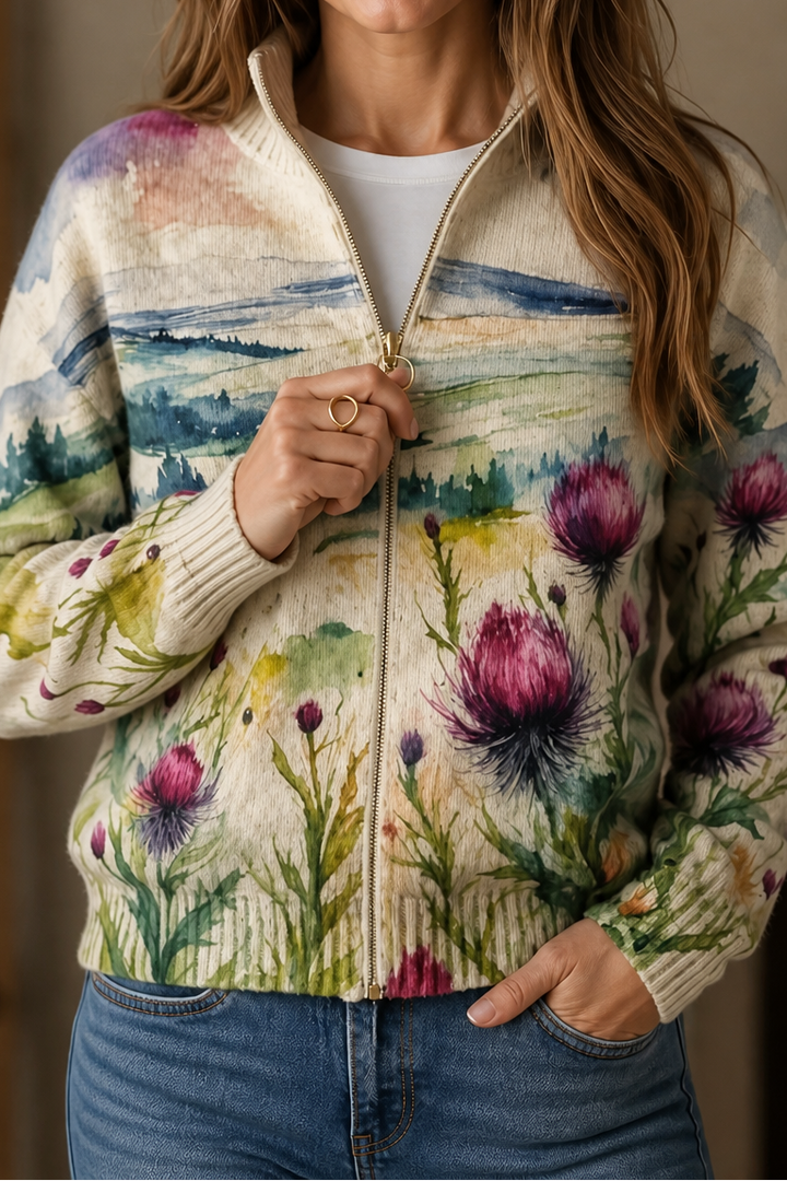 Cream zip up bomber with a painted thistle and landscape print