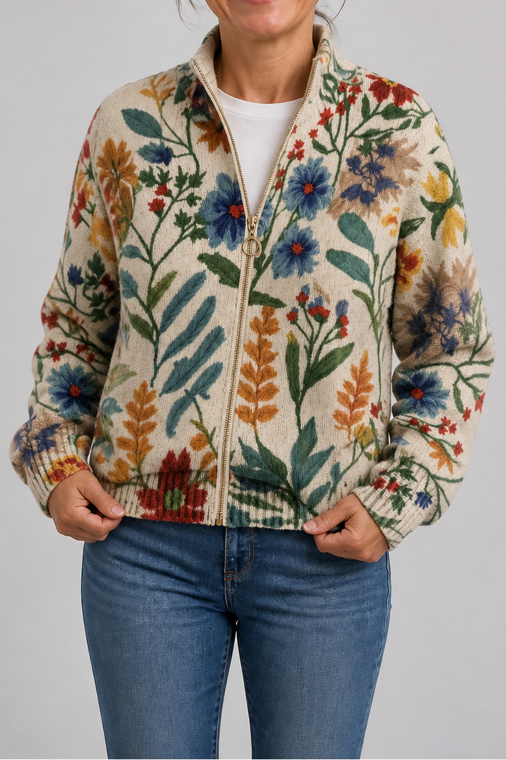Cream zip up bomber with a wildflower and cornflower print