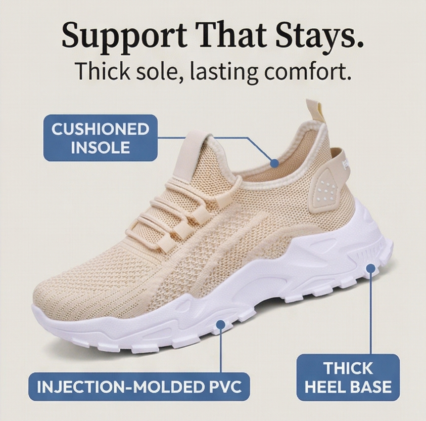 Beige knit sneaker from the side with labels for the cushioned insole and thick heel base