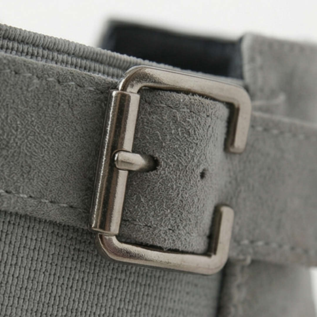 Close up of the grained grey upper and stitched welt
