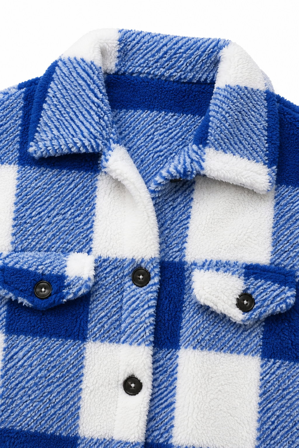 Collar and chest pockets on a blue buffalo check sherpa overshirt