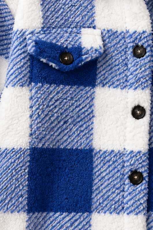 Flap chest pocket and black buttons on blue buffalo check sherpa