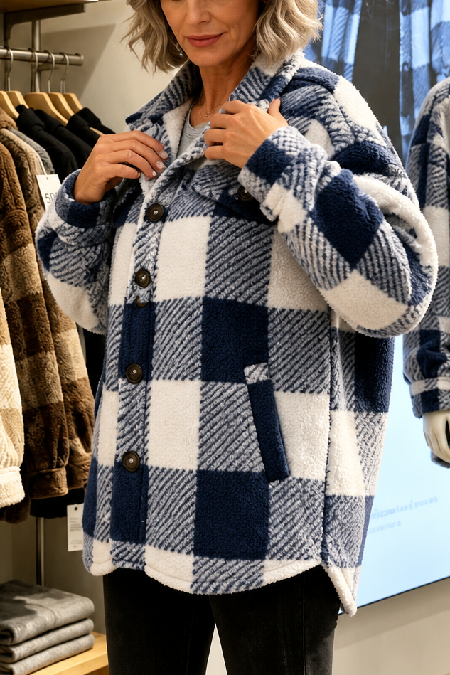 Navy and cream buffalo check sherpa overshirt jacket