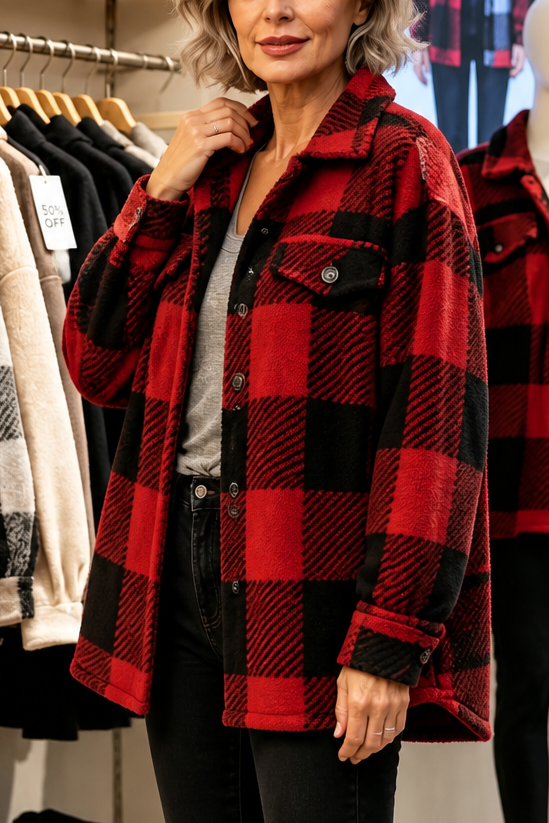 Red and black buffalo check sherpa overshirt jacket