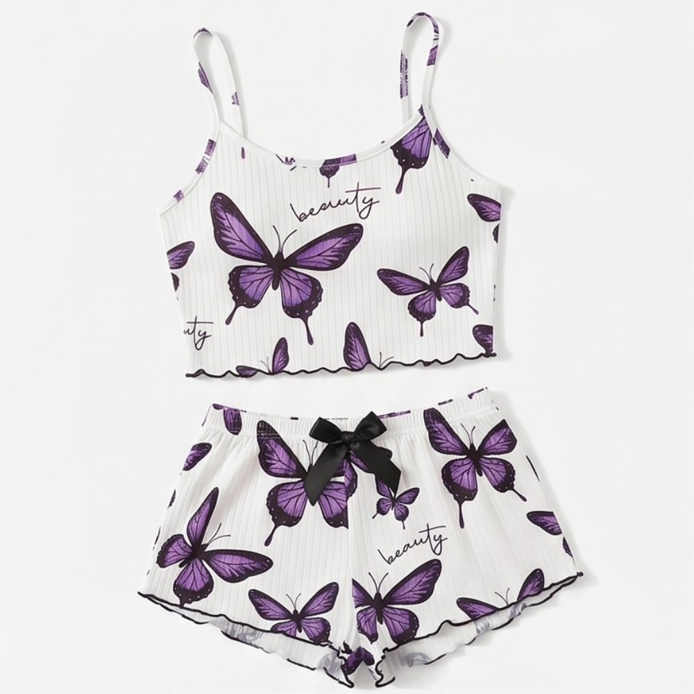 White cami and shorts set with a purple butterfly print