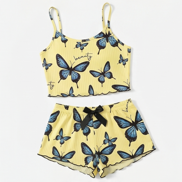 Yellow butterfly print cami and shorts set laid flat