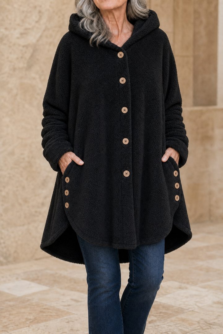 Black hooded fleece shirt jacket with side buttons and pockets