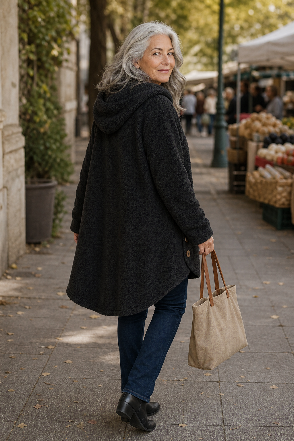 Back view of a black hooded fleece shirt jacket at a market