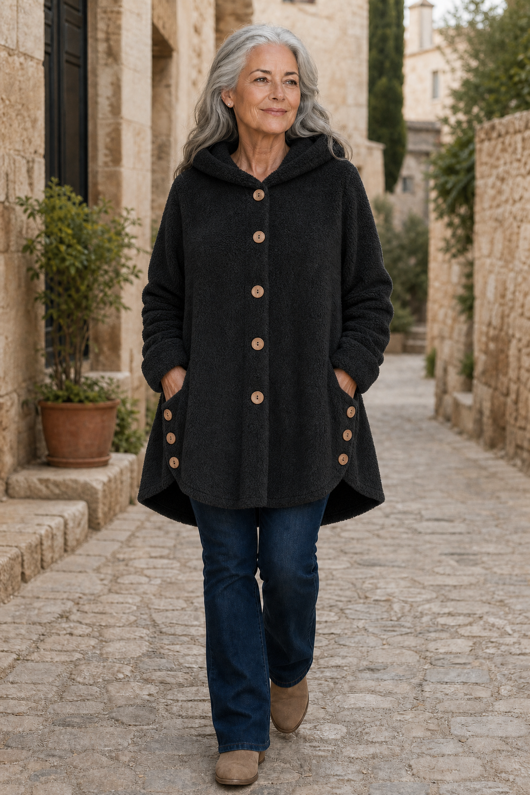 Woman walking a village street in a black hooded fleece jacket