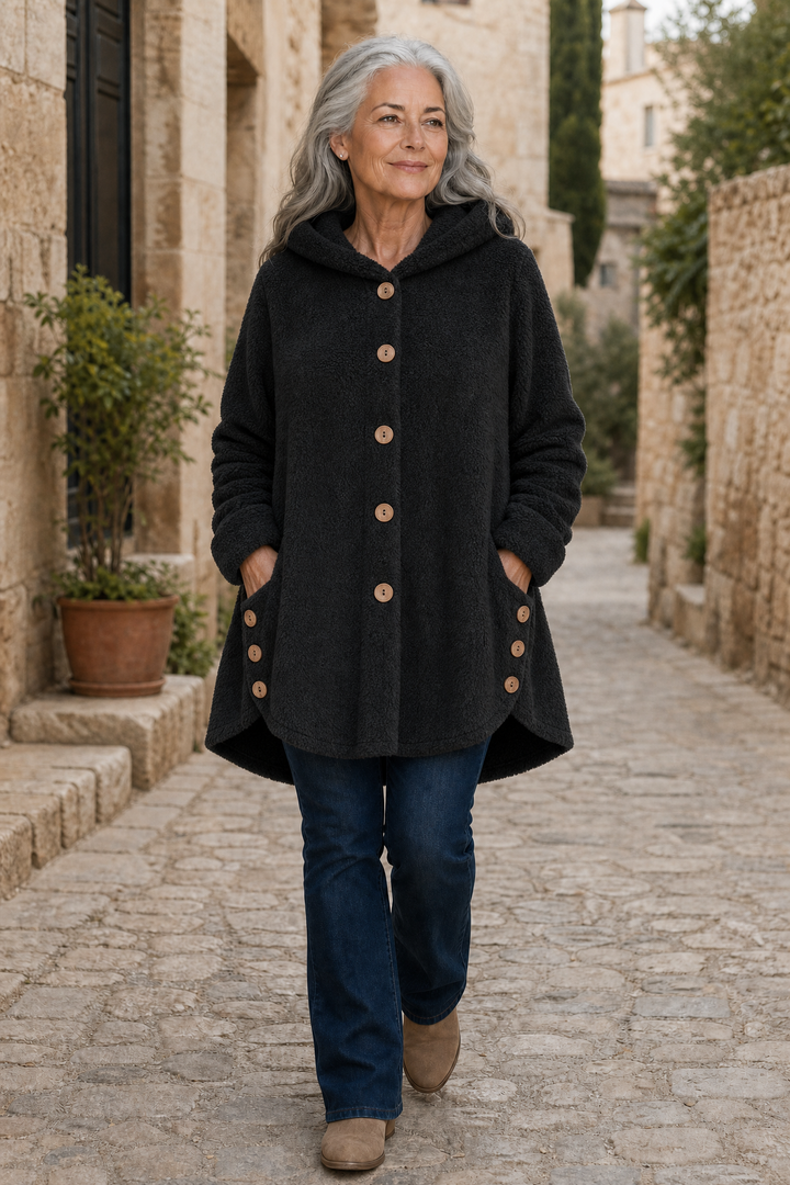 Woman walking a village street in a black hooded fleece jacket