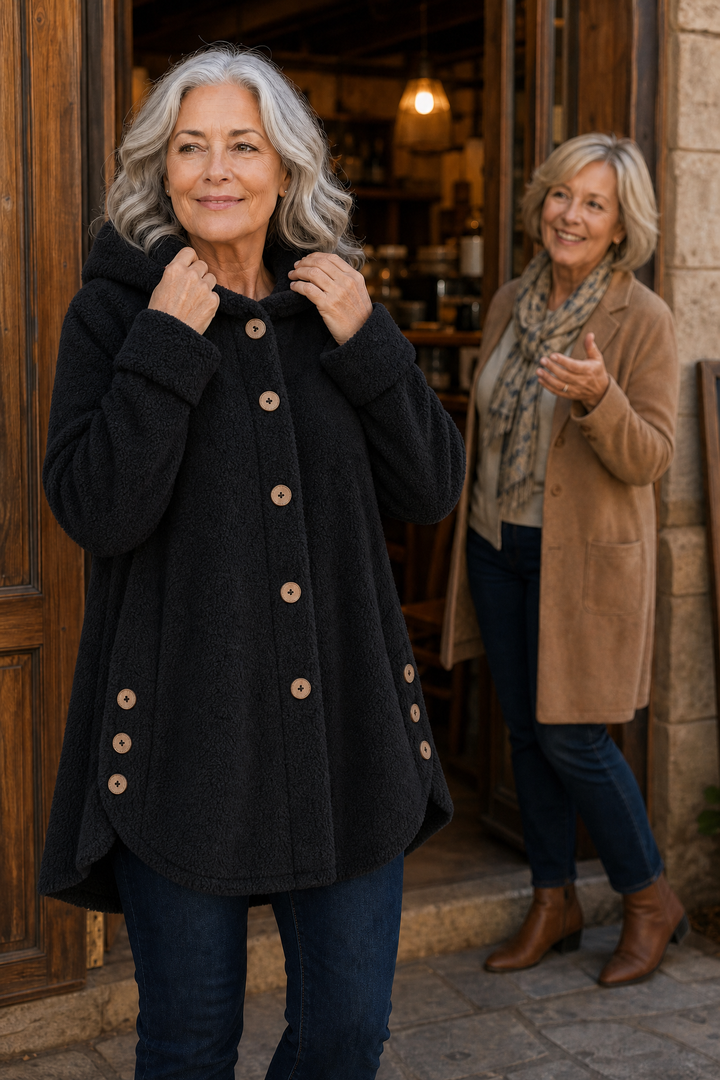 Two women in a doorway, one in a black hooded fleece jacket