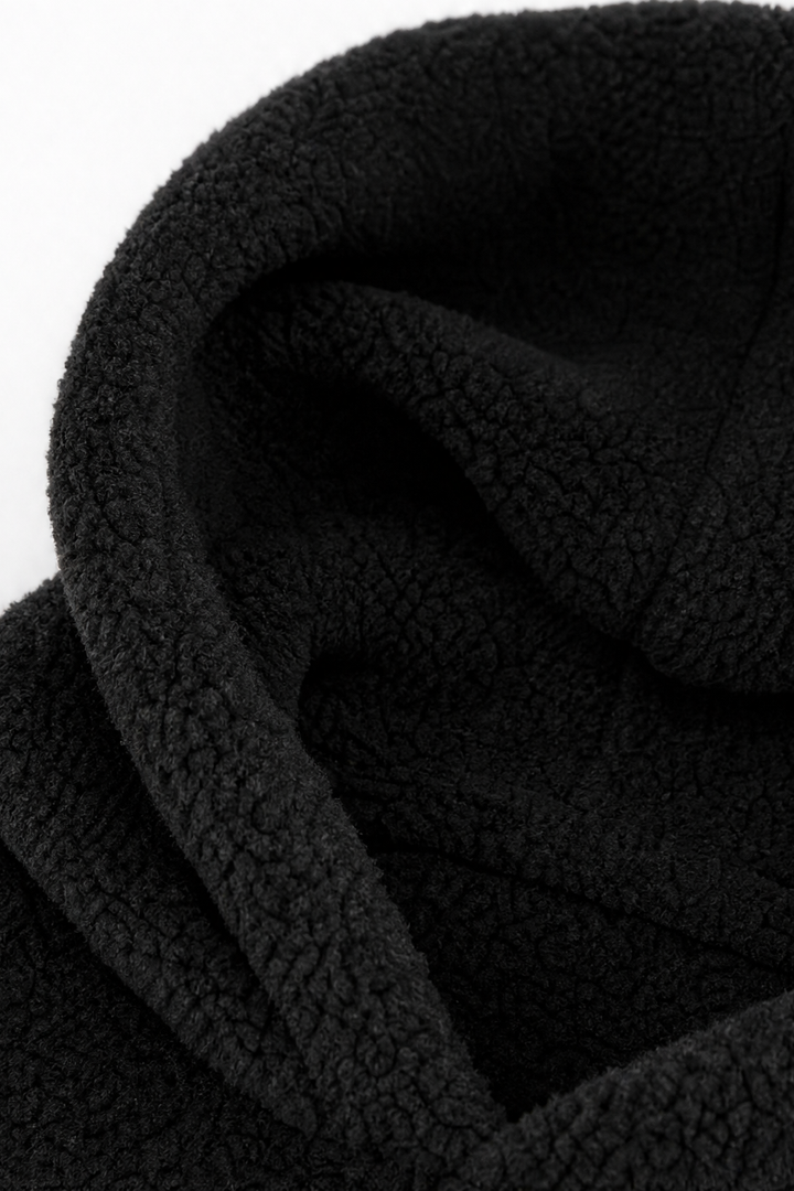 Close up of the soft black sherpa fleece hood