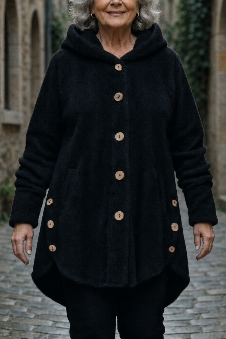 Black fleece look shirt jacket with a hood and wooden buttons