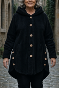 Black fleece look shirt jacket with a hood and wooden buttons