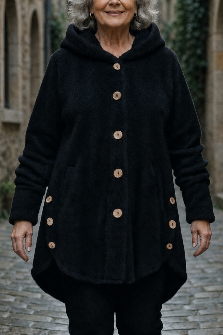Black fleece look shirt jacket with a hood and wooden buttons