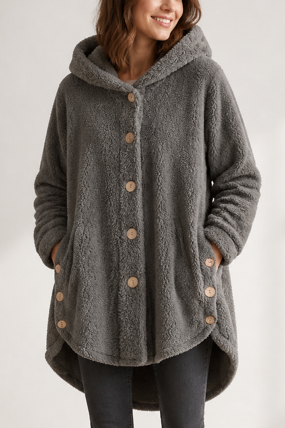 Grey fleece look hooded shirt jacket with patch pockets