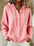 Pink hooded knit cardigan with a drawstring and white buttons