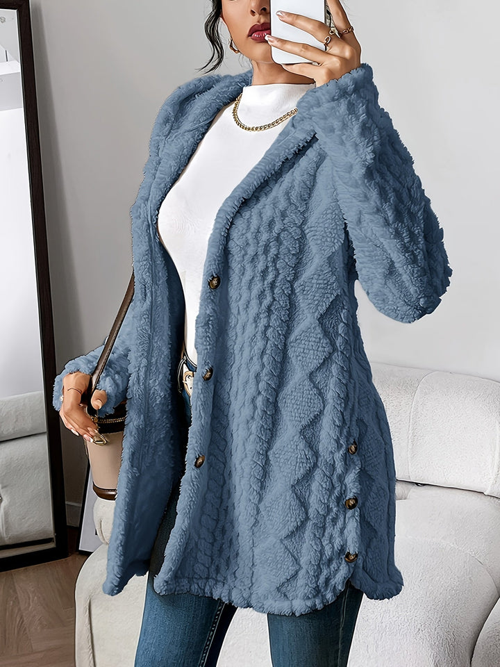 Blue button-front teddy fleece jacket with a textured knit pattern