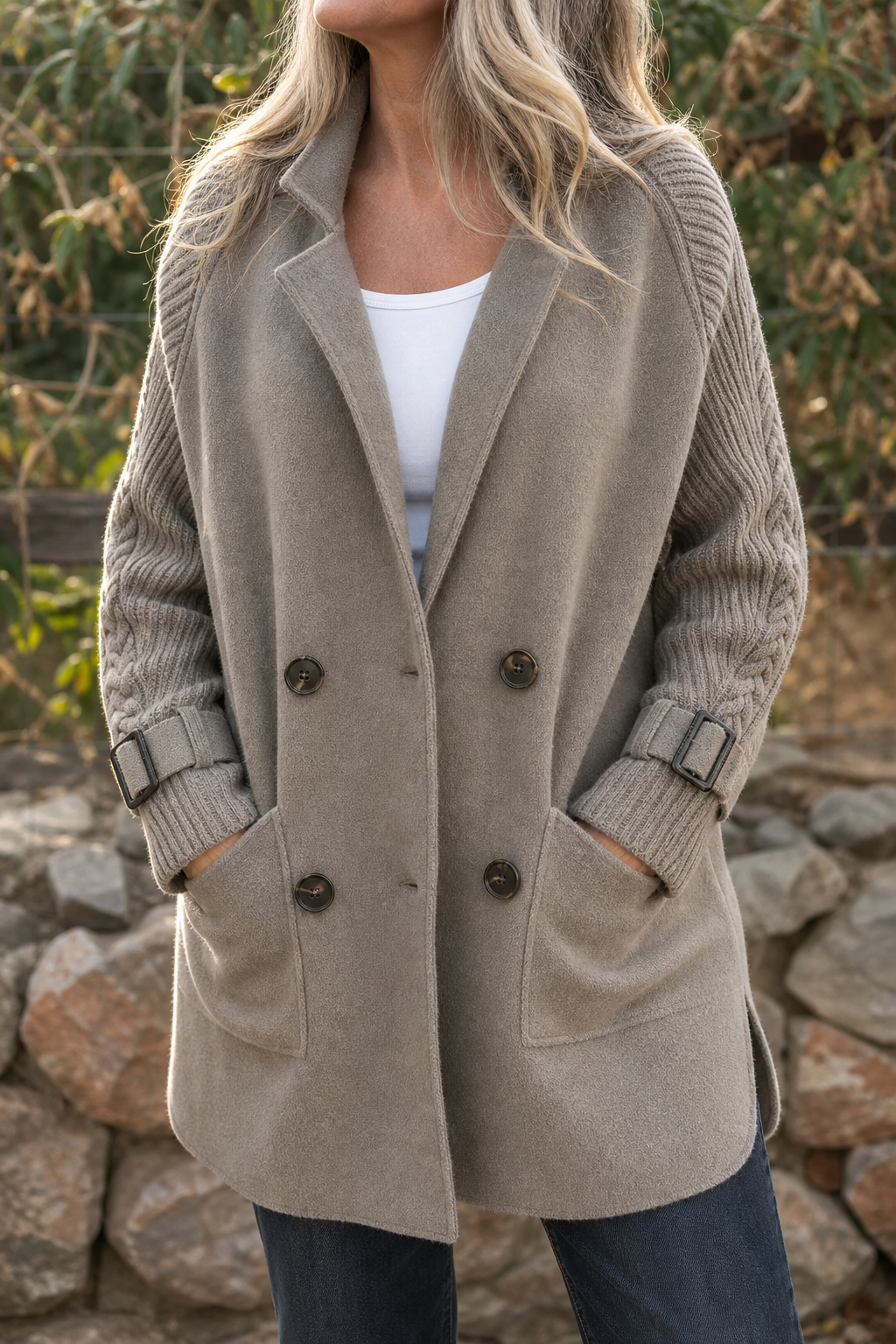 Taupe double breasted coat with ribbed knit sleeves and pockets