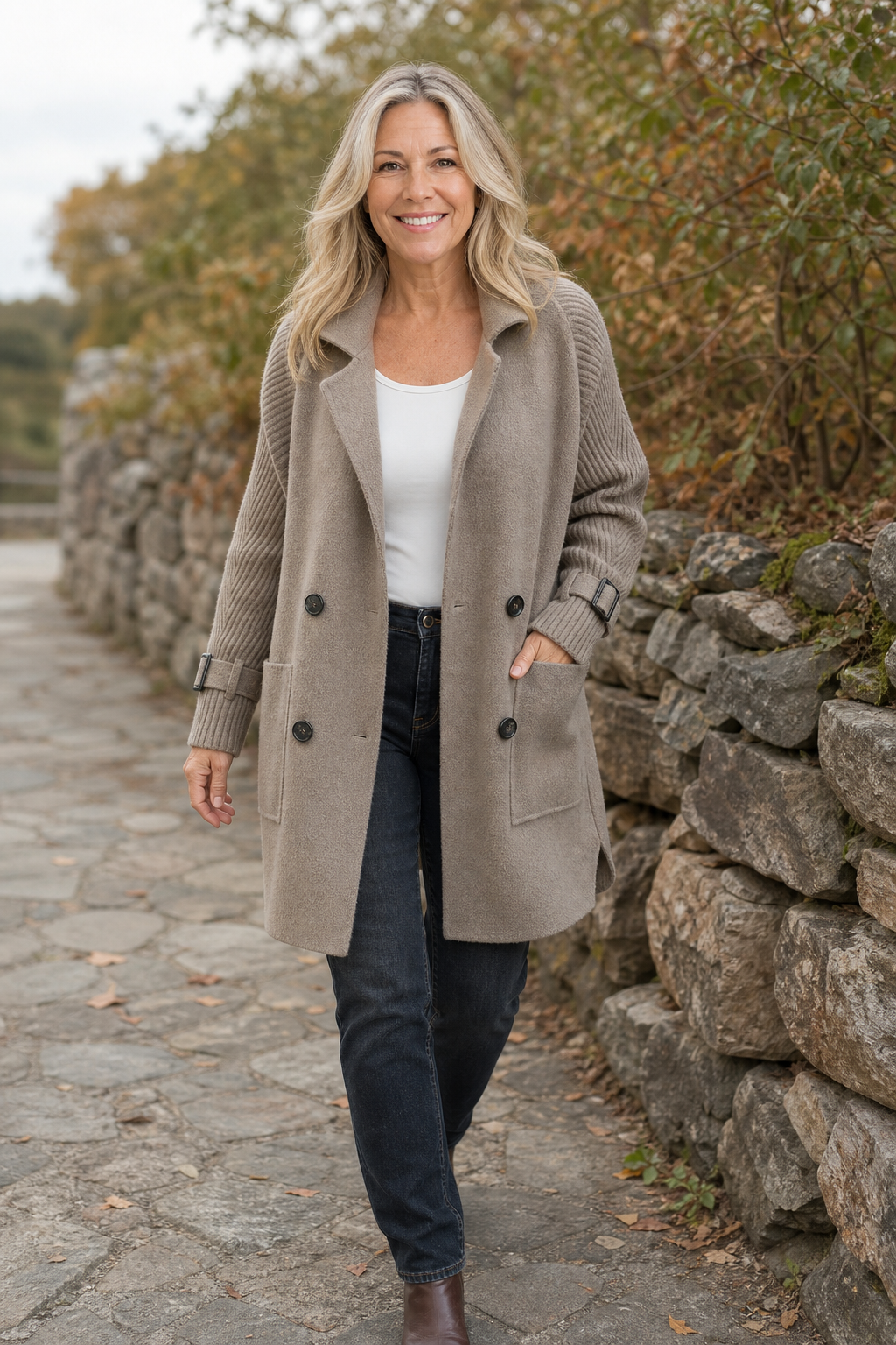 Taupe cable knit sleeve longline coat worn on a stone path