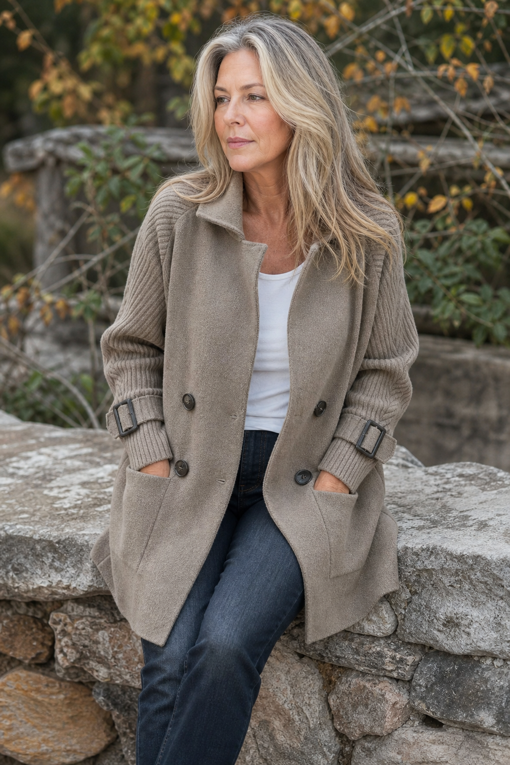 Woman seated on a stone wall in a taupe cable knit sleeve coat