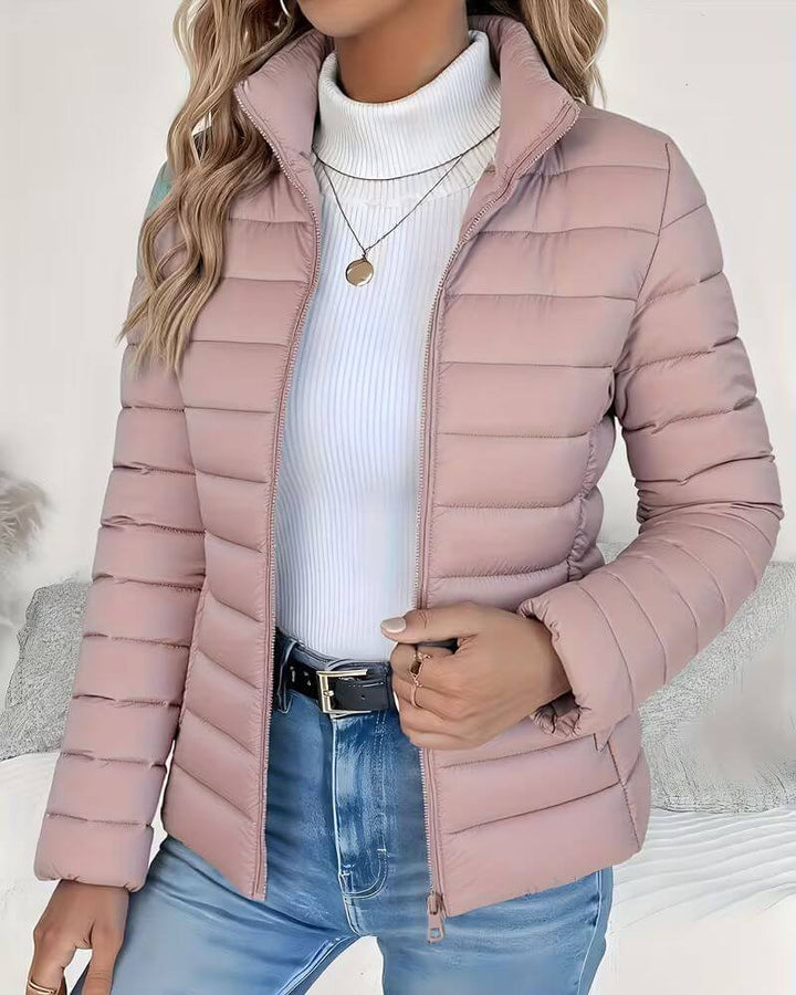 Channel Quilted Jacket with High Zip Collar