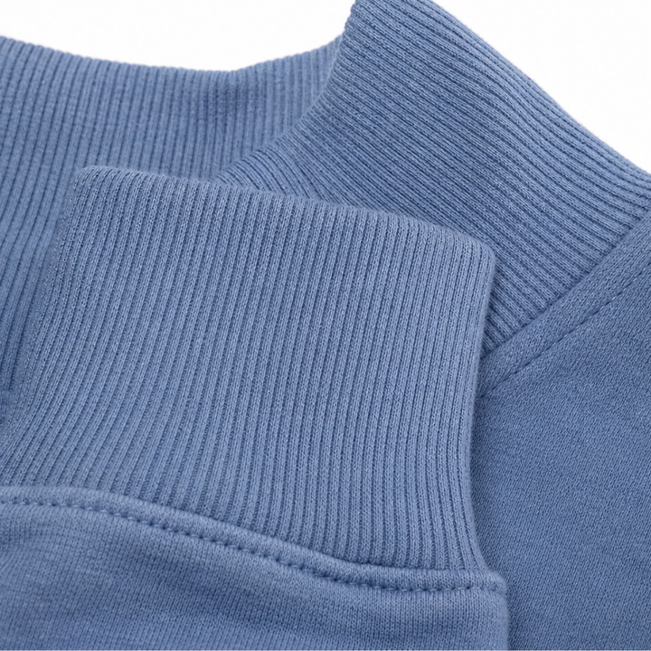 Close up of the ribbed stand collar on a blue sweatshirt