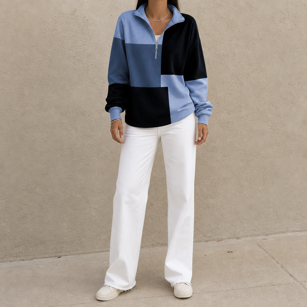 Colorblock half zip sweatshirt with white wide leg trousers, full view