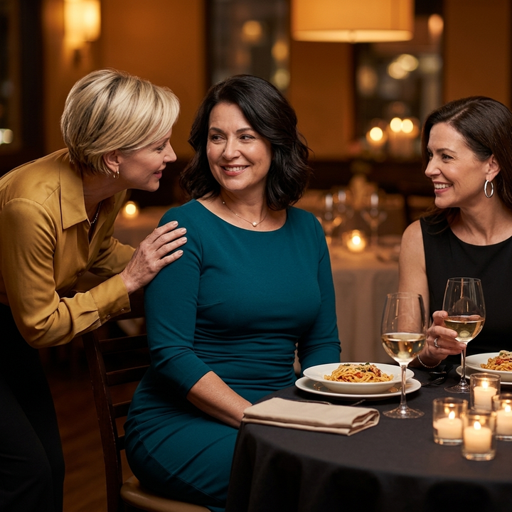 Three women at a candlelit restaurant table