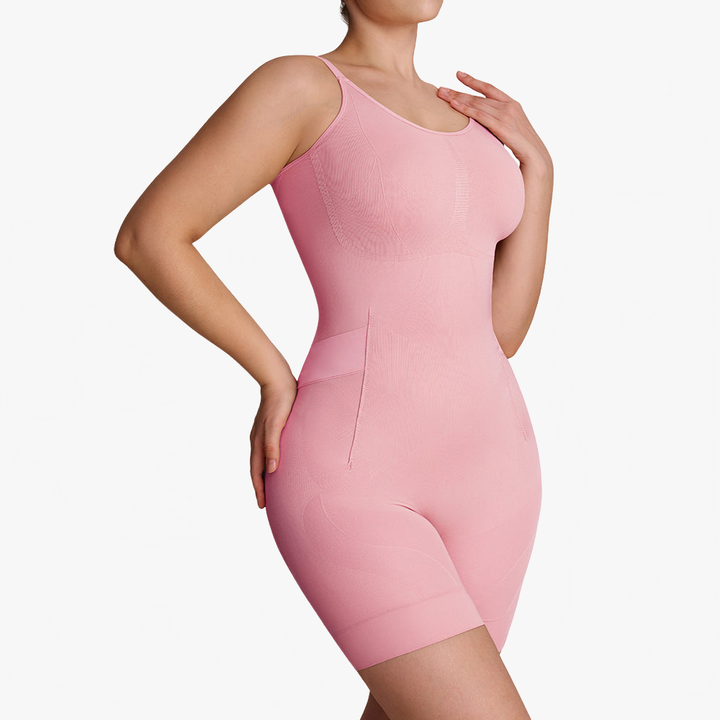 Pink sculpting bodysuit with shorts shown at an angle