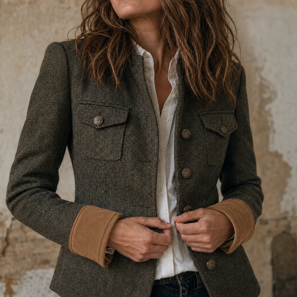 Olive herringbone jacket worn open over a white shirt