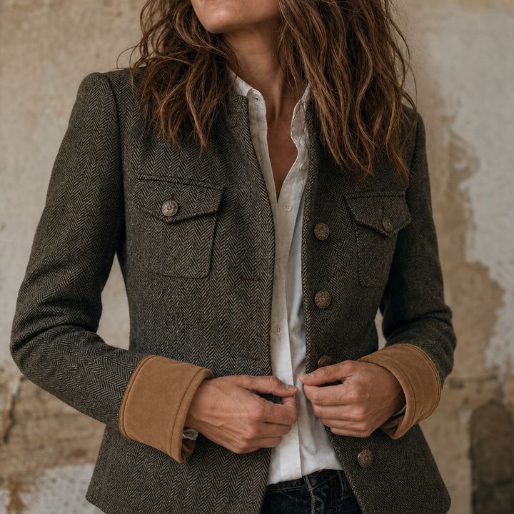 Olive herringbone jacket worn open over a white shirt