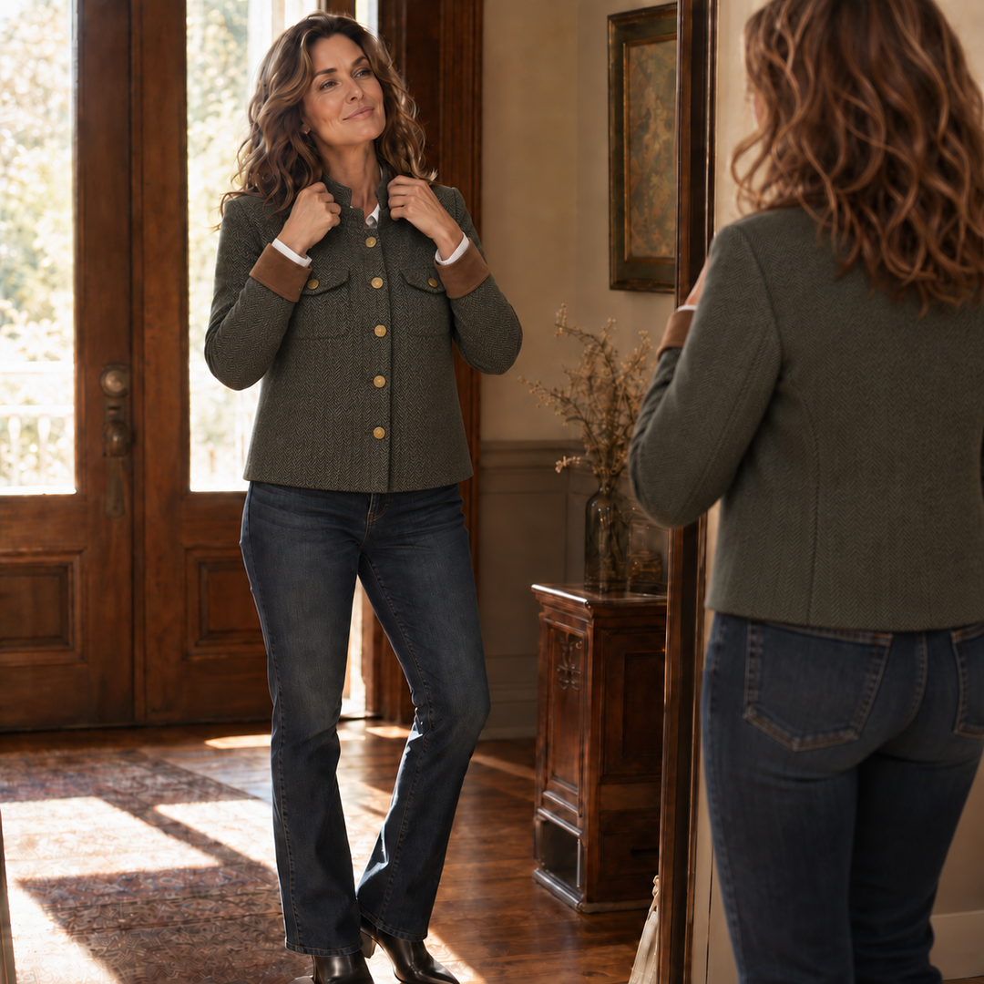 Olive herringbone jacket seen front and back with dark jeans