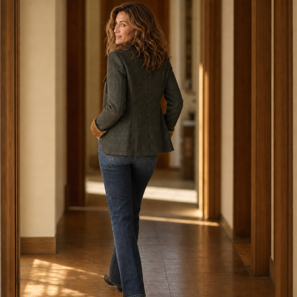 Woman in a hallway wearing an olive herringbone jacket