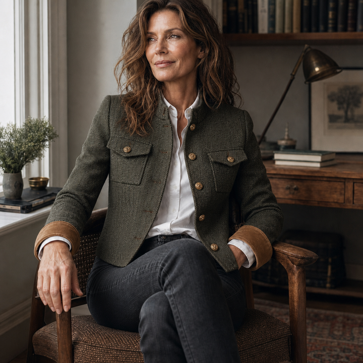 Woman seated at a desk in an olive herringbone jacket