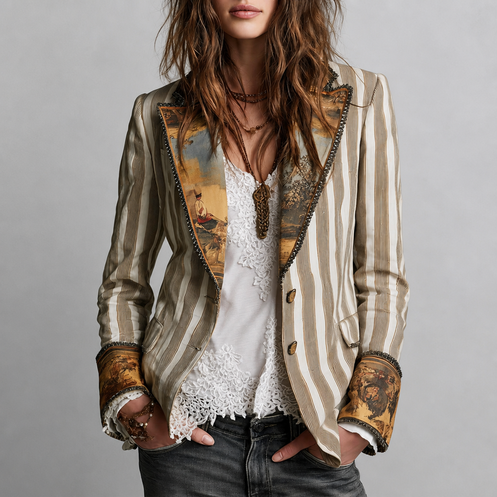 Cream striped blazer with a contrast printed lapel and cuffs