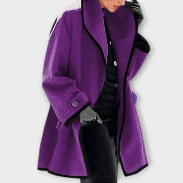 Purple tailored coat with a shawl collar and black trim