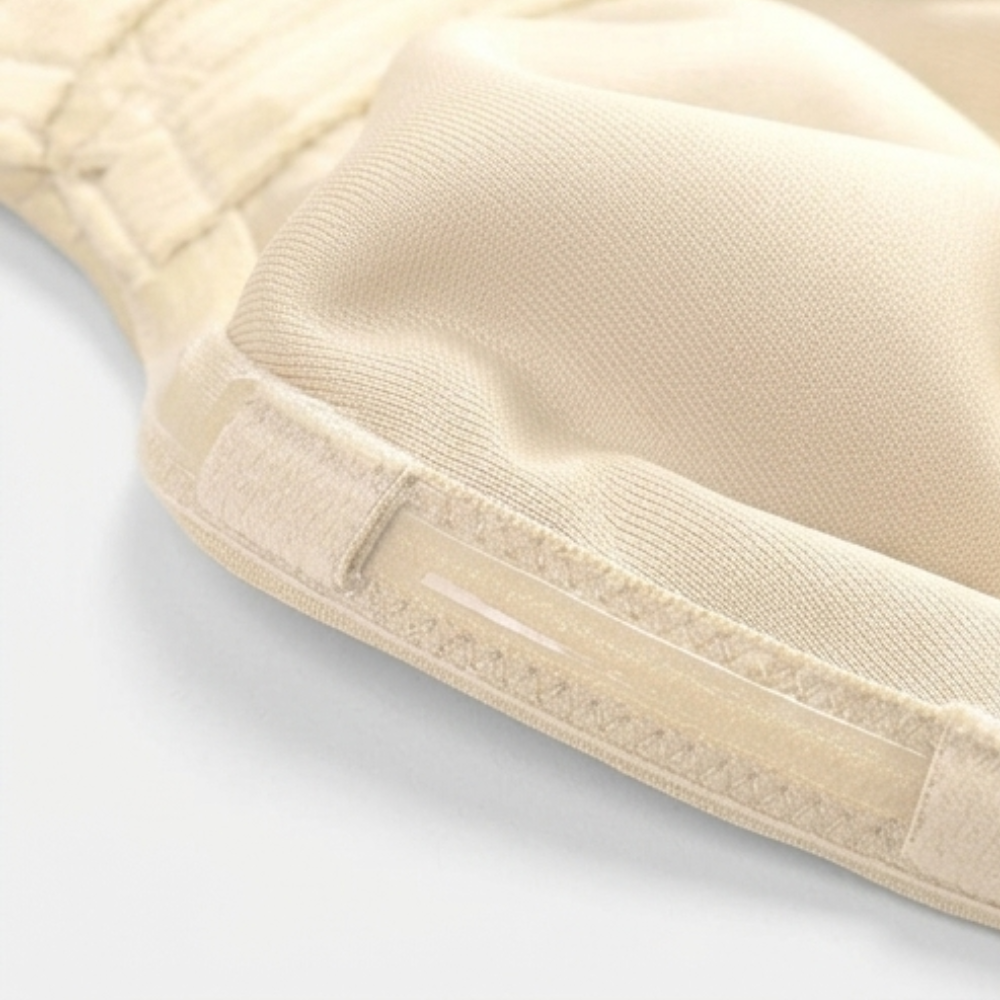 Close-up of the hook and eye band on a nude strapless bra