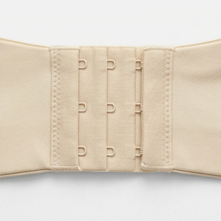 Close-up of the wide hook and eye band on a nude strapless bra