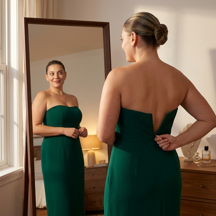 Woman at a mirror in a strapless green gown, front and back