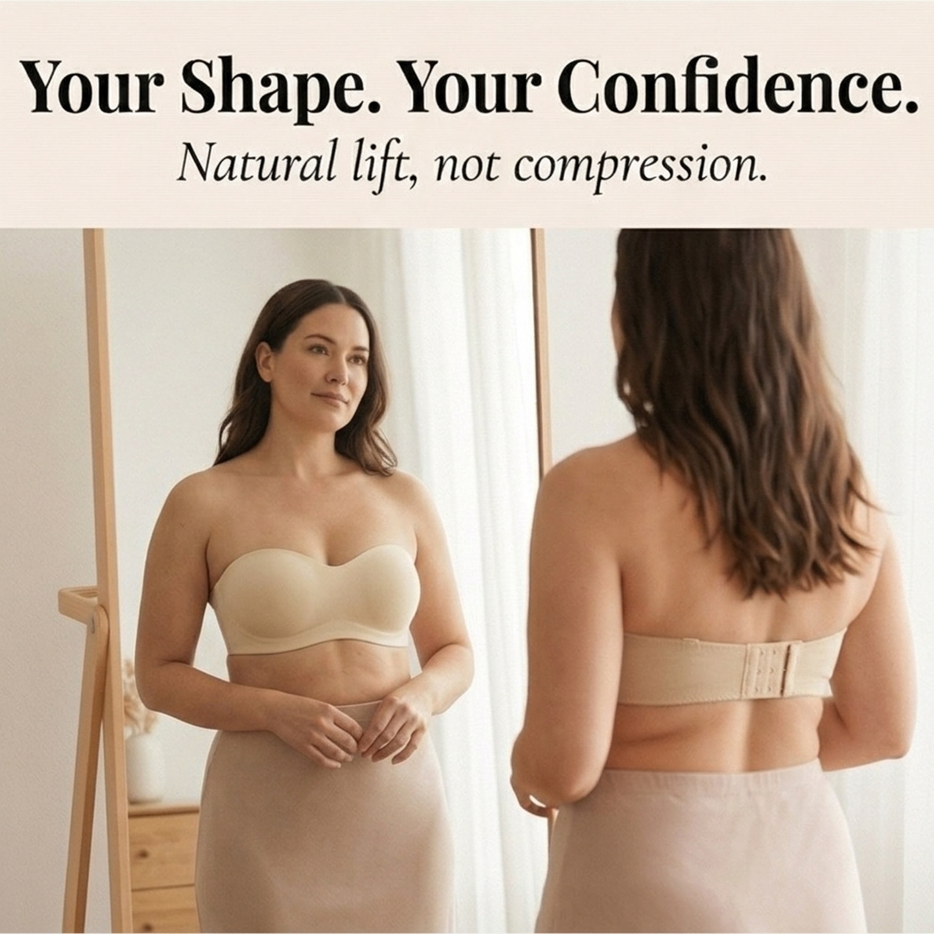 Feature panel showing a nude strapless bandeau bra front and back at a mirror